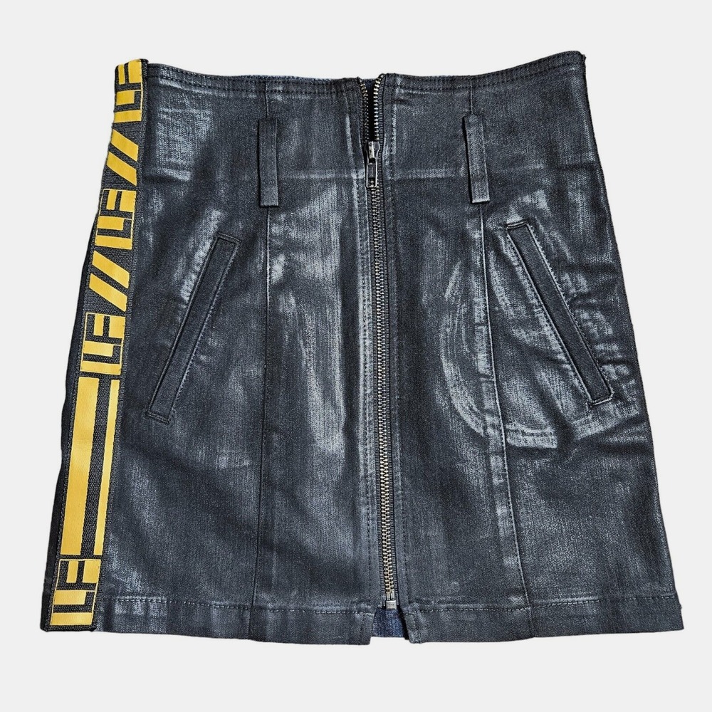 LF‎ A-Line Jean Skirt Womens Black Yellow Label Zip Front Leather SZ 23